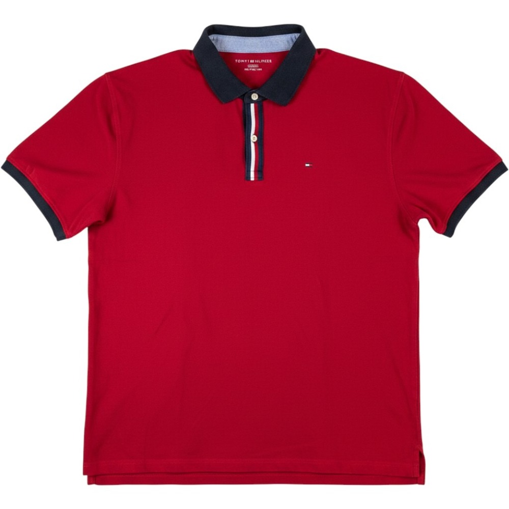 Tommy Hilfiger Polo Shirt Mens XXL Red Short Sleeve Contrast Collar Striped Trim